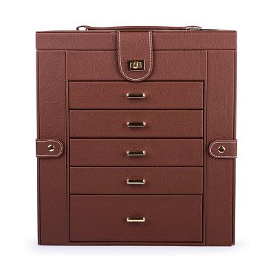 China 6 Drawer Tier 5 Large Capacity PU Eco-friendly Leather Jewelry Box with Mirror Luxury Jewelry Storage Case Bin Organizer for sale