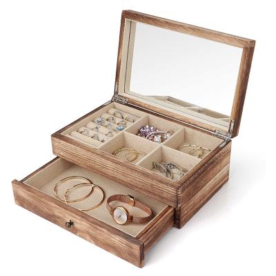 China Eco-Friendly Vintage Rustic Wooden Jewelry Box With Mirror Women Large Organizer Case Ring Earring Necklace Storage 2 Layer Tray for sale