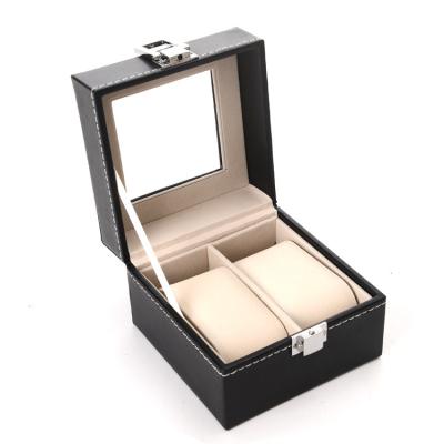 China Handmade Hot Sale PU Leather Travel Watch Packaging 2 Slot Black High End Leather Watch Display Box With Glass Top for sale