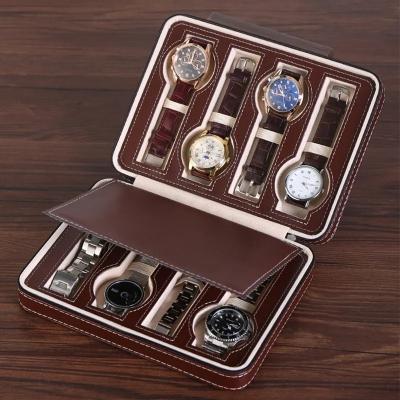 China Handmade Watches Bag PU Leather Brown Travel Boxes Drawer Bag Watch Slot Luxury Watch Display Case for sale