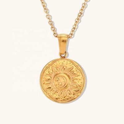 China Vintage Sunflower Coin Necklace Waterproof Casting Stainless Steel 18K Gold Plated Necklace for sale