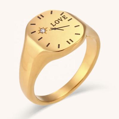 China Waterproof Zircon Dial Ring Water Resistant Gold Stainless Steel Seal Rings 18k Pvd Plated Non Tarnish Jewelry for sale