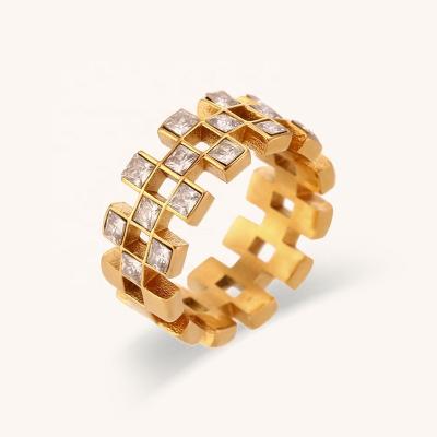 China Fashion Jewelry Rings Hypoallergenic Gold Plated Hollow Out Chessboard Zircon Rings No Fade Stainless Steel Jewelry for sale