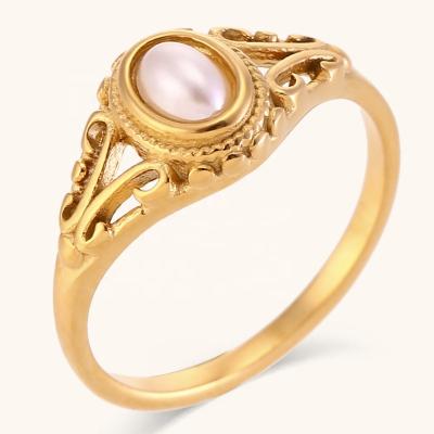 China Waterproof 18k Pvd Gold Plated Stainless Steel Jewelry Rings Pearl Ring Jewelry For Women Freshwater anillos for sale