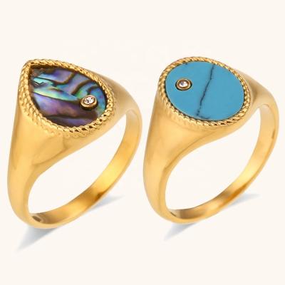 China Fashion Jewelry Waterproof Gold Plated Abalone Shell Jewelry Round Turquoise Signet Rings Stainless Steel Ring Jewelry for sale