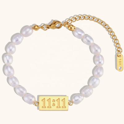 China Number 11:11 Freshwater Waterproof Trendy Pearl Beaded Chain Bracelet Bangles Jewelry Women Gold Plated for sale