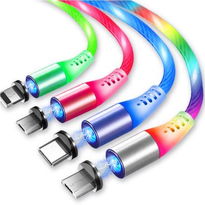 China Hot Seller Popular High Quality Nylon Braided Led Light Magnetic Cable Flowing Light Luminous Cable 3 In 1 Usb Cable For IOS Micro C Type for sale