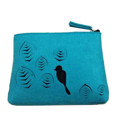 China Fashion Blue Color Bird Style Die Cut Felt Cosmetic Case Felt Portable Makeup Bag for sale