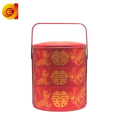 China Sustainable Reusable Red Tinplate Food Box Three-Layer Lunch Box Set for sale