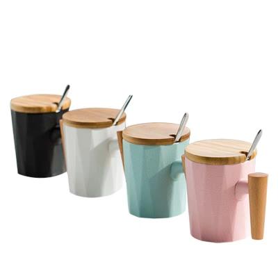 China Creative Disposable Ceramic Cup Wood Handle With Lid Spoon Desktop Water Cup Nordic Central Institute Couple Gift Mug for sale