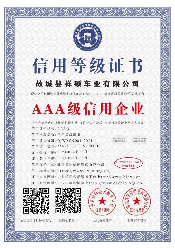 Credit Rating Certificate - Shandong Chen Shanshan Automobile Co.