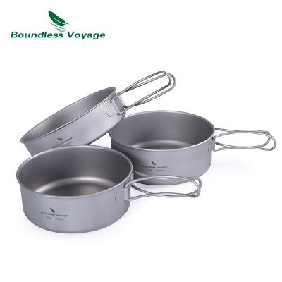 China Lightweight Unlimited Travel 3 Piece Set Folding Handle Stacking Camping Pots And Pans Titanium With Outdoor Cooking Bag Set for sale