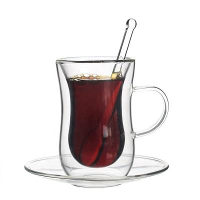 China Sustainable Clear Blown Wide Mouth Double Wall Hand Borosilicate Glass Mug For Latte Cappuccino for sale