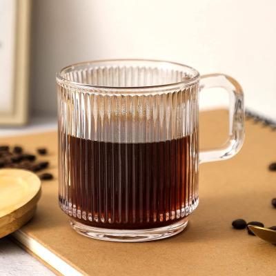 China Borosilicate Glass Industrial Clear Coffee Mug With Lid Vertical Stripes Premium Classic Glass Tea Cup For Latte Juice Water Tea for sale