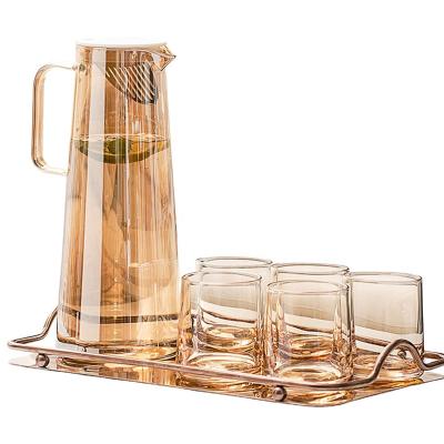 China 1.8L Amber Glass Cold Kettle Borosilicate Glass Water Pitcher Heat Resistant Glass Pitcher Set Restaurant Bar Drink Juice Pot for sale