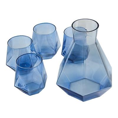 China Stocked Set of 5 Diamond Shape Electroplated Smoke Gray and Cold Water Blue and Colored Glass Jar with Glass Mug Set for sale