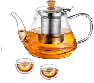 China 33oz Teapot with Extra Double Wall Cups, Removable Stainless Steel Infuser, Mid Century Modern Borosilicate Glass Tea Kettle for sale