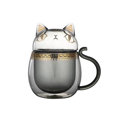 China New Lovely Cat Design Double Wall Insulated High Borosilicate Glass Tea Coffee Cup Stocked Glass Mug for sale