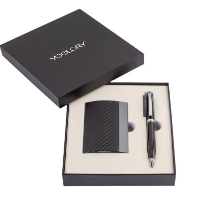 China Custom corporate gift clip black brass ballpoint pen and carbon fiber pattern business name card holder set with customized LOGO for sale