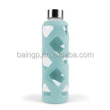 China Sustainable Glass Water Bottle with Silicone Sleeve Stainless Steel Lid, BPA Free Drinking, Leak Proof, Reusable for sale