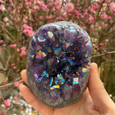 China Wholesale Natural China Crystal Geode Folk Crafts Aura Amethyst Geode For Healing Decoration for sale