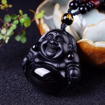 China Europe Obsidian Carving Buddha Lucky Amulet Pendant Necklace For Men Women Men Pendants Jadee Laughing Pot-swollen Figure for sale