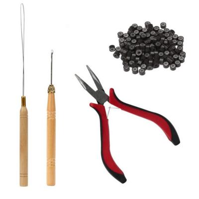 China Hot Selling Nail Art Salon Yiwu Sc Amazon Hair Extension Kit Pliers Pulling Hook Bead Device Tool Kits With Silicone Micro Striped Rings for sale