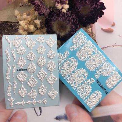 China Nail Art Decoration DIY 6D Engraved Nail Sticker Embossed White Pink Flower Water Decals Empaistic Flower 3D Nail Stickers for sale