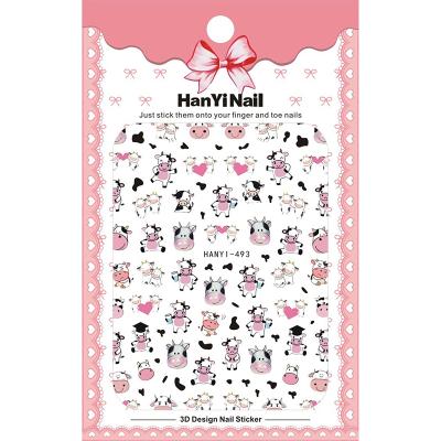 China 2021 Newest Ultra-thin Paper Nail Art Decoration Flower Decals Cartoon Cow Nail 3D Sticker HANYI493-502 for sale