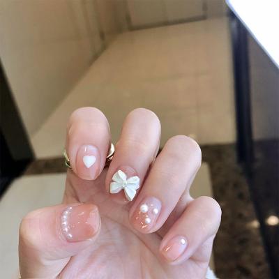 China Other New Arrival 24 Pcs / Set Pink Color Finished Wearing Fake Nails Pearl Bow Decorated Press On Nails Packaging For Wholesale for sale