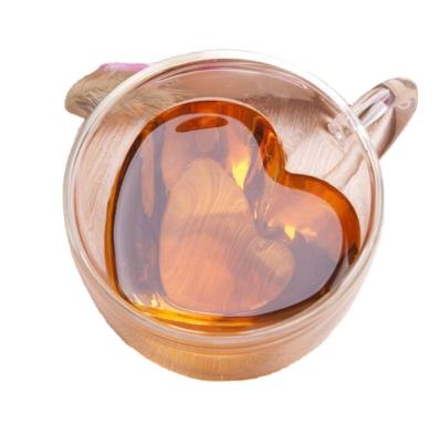 China Viable Glass 6OZ/8OZ Tea Cup With Handle Wall Coffee Lovers Double Layer Heart Shaped Clear Double Layer Glass Mug for sale