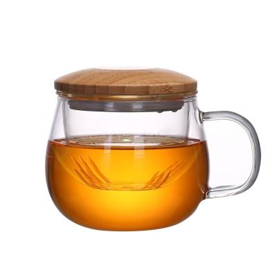 China New Modern Glass Cup Style Three Pieces Single Layer High Borosilicate Circular Arc Small Tea Glass Cup Handle And Lid Three Pieces Cup for sale