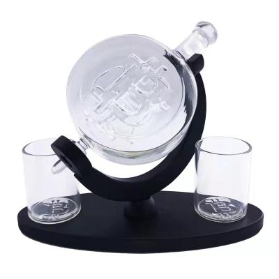 China 2022 Hot Selling Globe Handmade Sailboat Decanter Clear Bitcoin Glass Decanters and Bitcoin Glass Set with Wood Base for sale