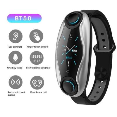 China Touch Screen 2021 Recommend T90 2 in 1 Fitness Tracker Smart Watch with IP67 Handsfree Waterproof BT Earphone for Music for sale