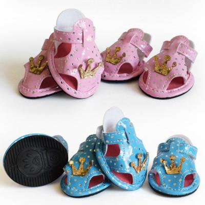 China Small Pu Dog Summer Pet Dog Shoes Sandal Leopard Print Crown Viable Leather Dog Shoes for sale