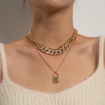 China FASHIONABLE MELLON Geometrically Layered Chain Necklace Chunky Cuban Pendant Necklace Luxury Inlaid Rhinestone Lock Jewelry for sale