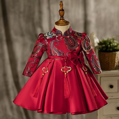 China Long Sleeve Winter Girls Cheongsam Chinese New Year Clothing Children Party Princess Red Dress for sale