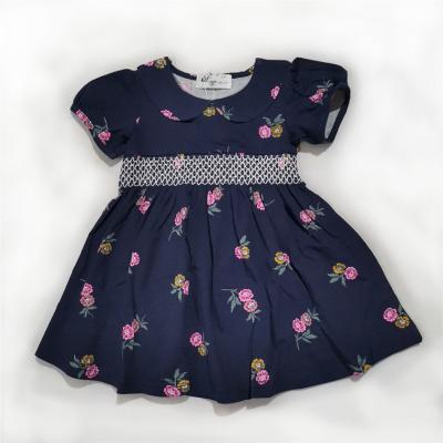 China 2021 Fashion Breathable Cotton Flower Printing Short Sleeve Kid Smocked Birthday Dress for sale