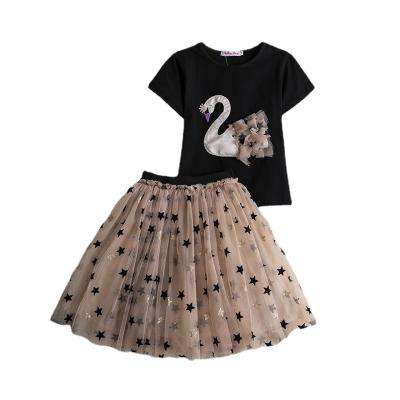 China Summer Fashion Breathable Swan Print Sleeve Children Girl Net Short Yarn Puffy Dress for sale