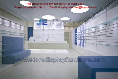 China Pharmacy Store Furnitre in Interior Design White Counters and Tempered Glass Shelves for Display with storage cabinet for sale