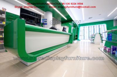 China Health drugs Store Display Furniture by Green color Wood Counters and Wall Shelves with Drawers for sale