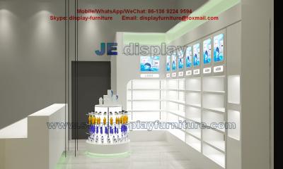 China Pharmacy Wall Display cabinet with Glass Shelves for Store Furniture in Led light with Wooden Counters for sale