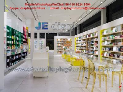 China Pharmacy Store Display panel furniture in white MDF Counters with Colorful acrylic storage cabinet for sale