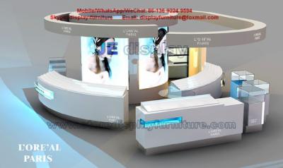 China Cosmetic Display Kiosk in White Counters and Glass Showcase in green water LED light box for sale