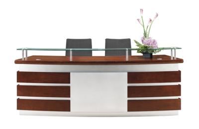 China Curved Office reception desk in Walnut wood and White finish with Glass counter in cheaper price for sale