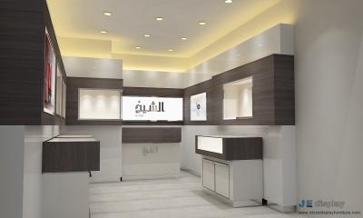 China Modern Watch Shop interior 3D design by Walnut wood wall cabinet and White painting display showcase for sale