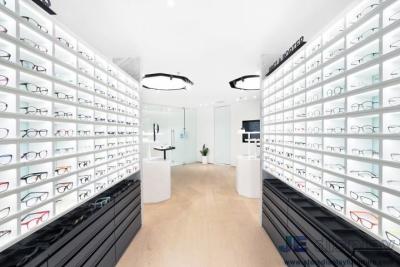 China Eyeglass Shop Interior Display Furniture Pure White Wall Cabinets with Optical Shelves and Glass Showcase for sale