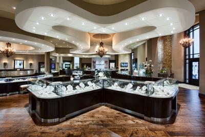 China Jewelry store interior design of Combine display cabinets with Glass counters by Ebony wood  and Stainless steel showcas for sale