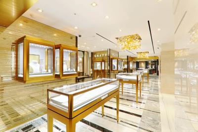 China Customized Cabinets with Glass Counters by Golden stainless steel for Jewelry store interior design fixture for sale