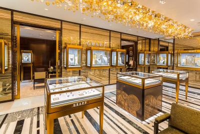 China Jewelry Store Interior display cabinets used golden metal counters for Jewellry store fitout fixture made from china for sale